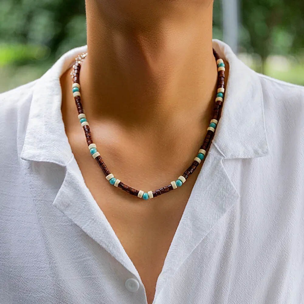 Mens Wood Beaded Necklace Turquoise Boho Surfer Choker Adjustable Chain Gift