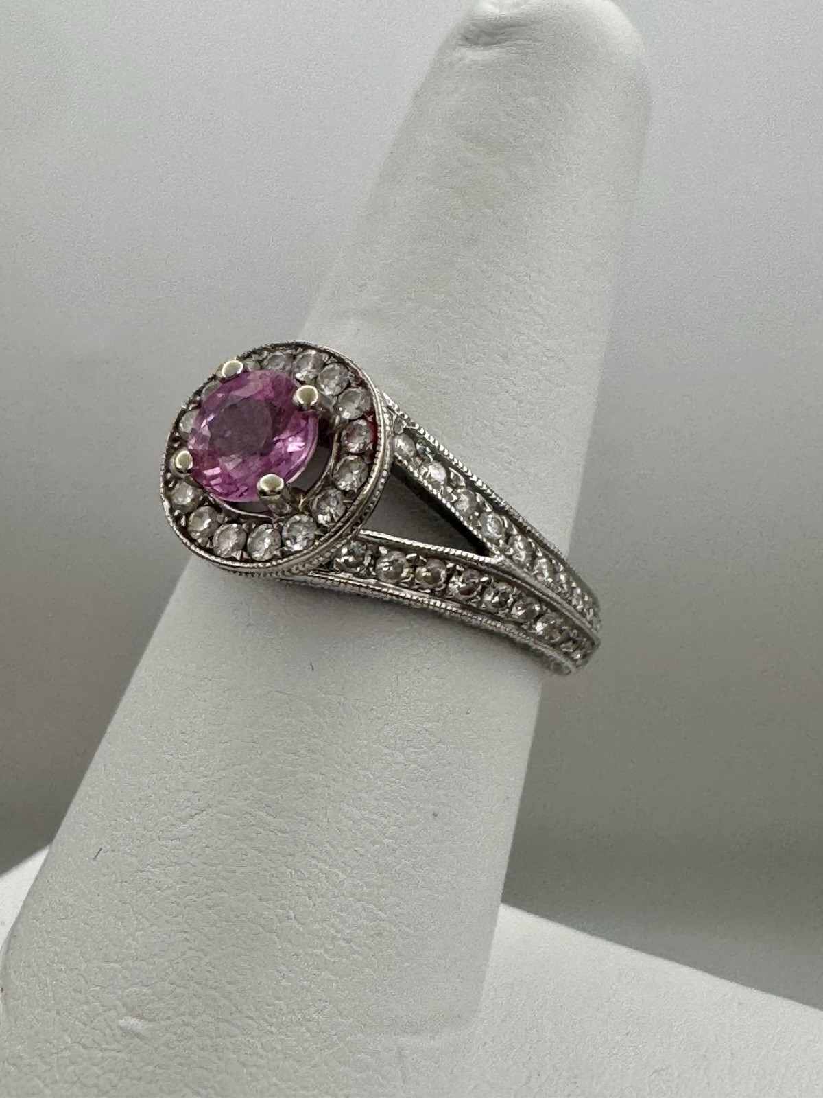 18k White Gold .93ct Pink Sapphire And 1.35 Diamond Ring Size 6.75, 5.69gms