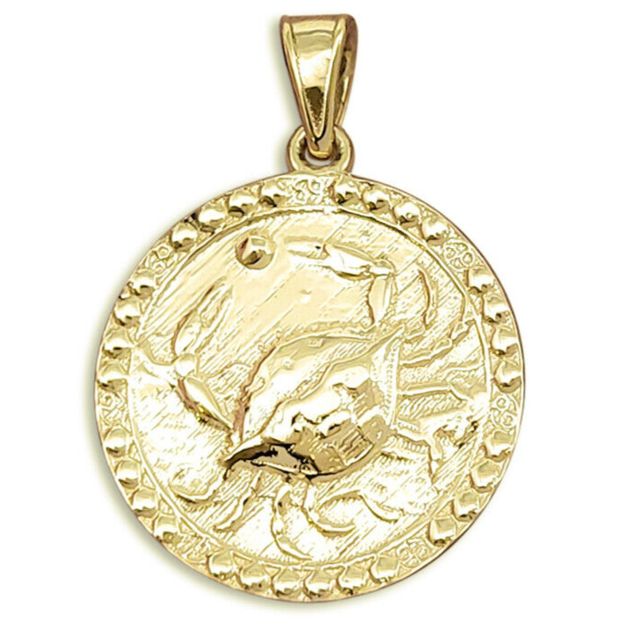 Real 10K Yellow Gold Cancer Pendant, Zodiac Sign Coin Pendant Astrology Jewelry