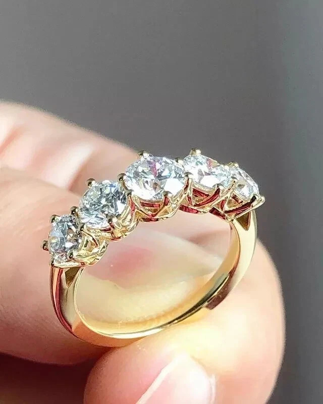 1.50Ctw Real Moissanite Five Stone Half Wedding Band Ring 14k Yellow Gold Plated