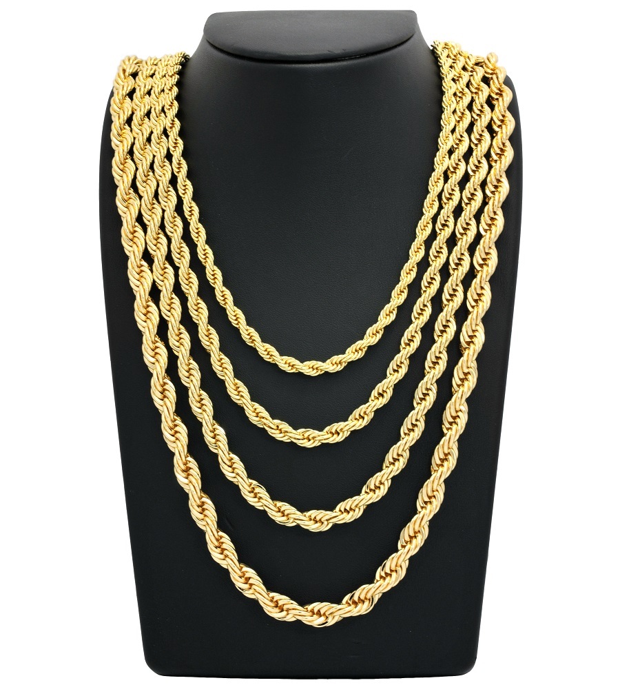 Mens Rope Chain Necklace 14k Gold Plated 7mm to 10mm 20″ 22″ 24″ 26″ 30″