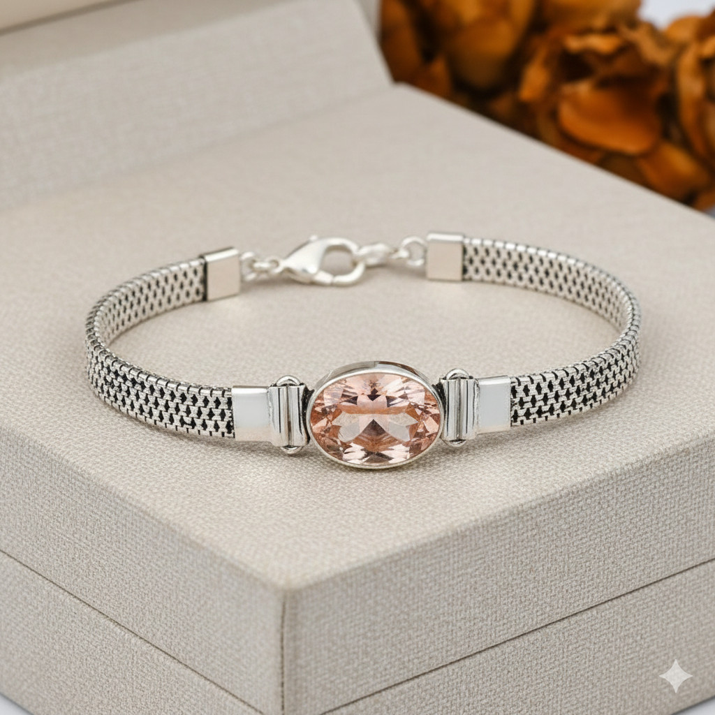 Peach Morganite Gemstone Handmade 925 Sterling Silver Jewelry Chain Bracelet