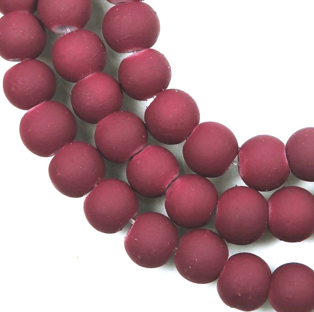 6mm Matte Frosted Neon Rubberized Glass Round Beads – Maroon / Amaranth 16″