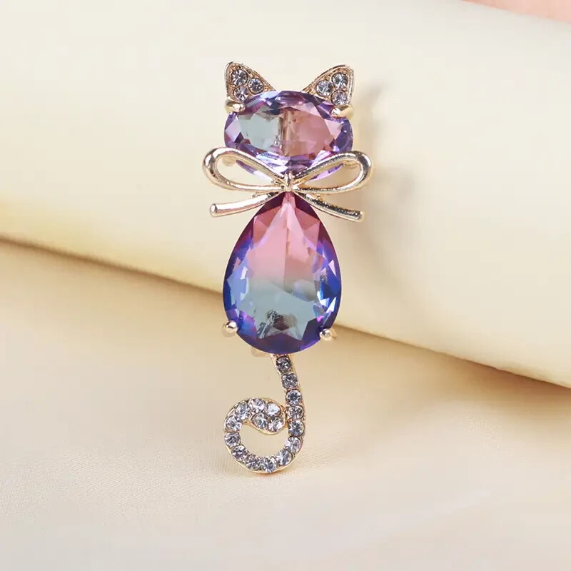 Cute Crystal Cat Brooch with Rhinestone Ears and Tail Birthday Christmas Gift