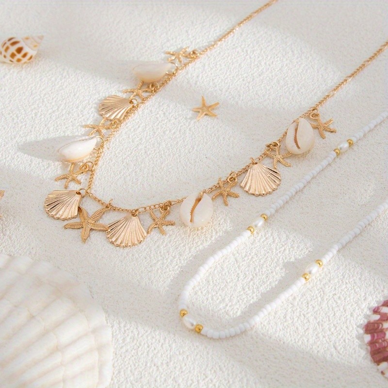 Women’s Double-layer Alloy Scallop Starfish Pendant Waist Chain Beads Body Chain