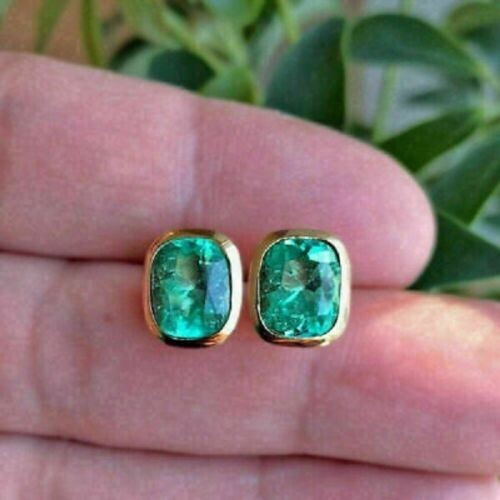 3Ct Lab Created Emerald Push Back Bezel Set Stud Earrings 14K Yellow Gold Over