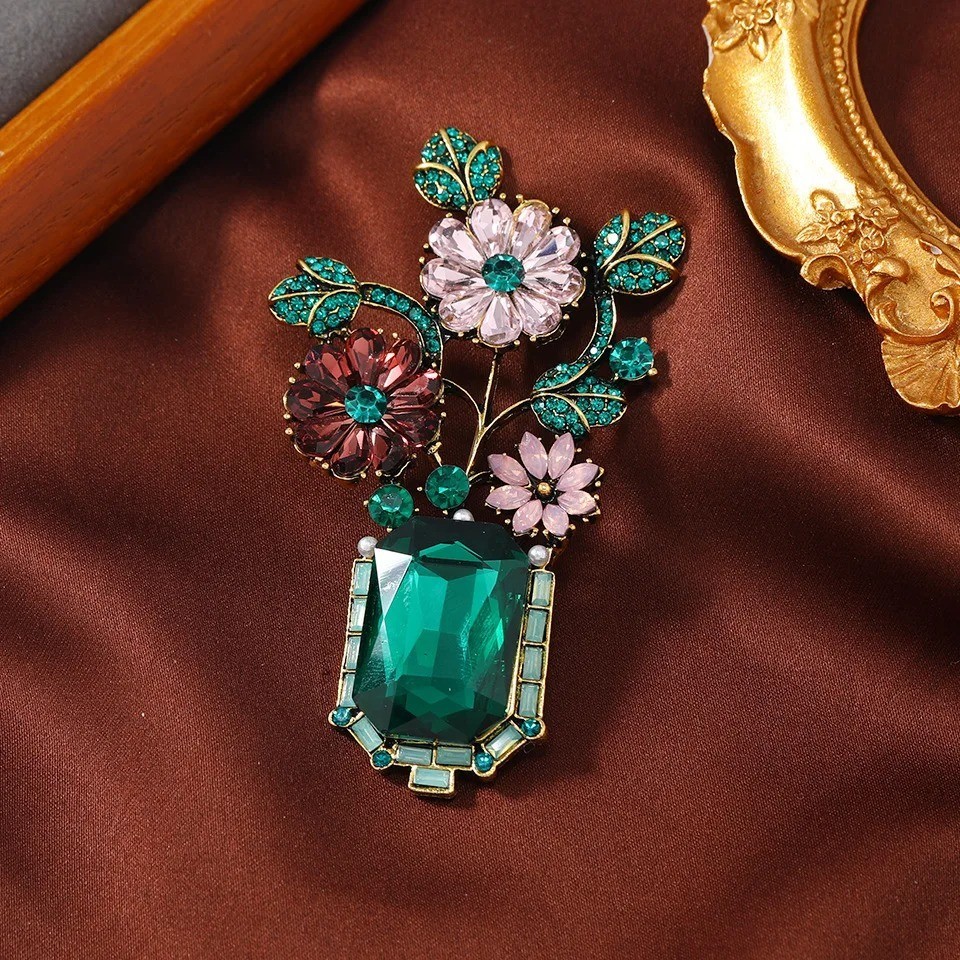 Large Vintage Crystal Rhinestone Flowers in A Green Vase Brooches Pins for Women