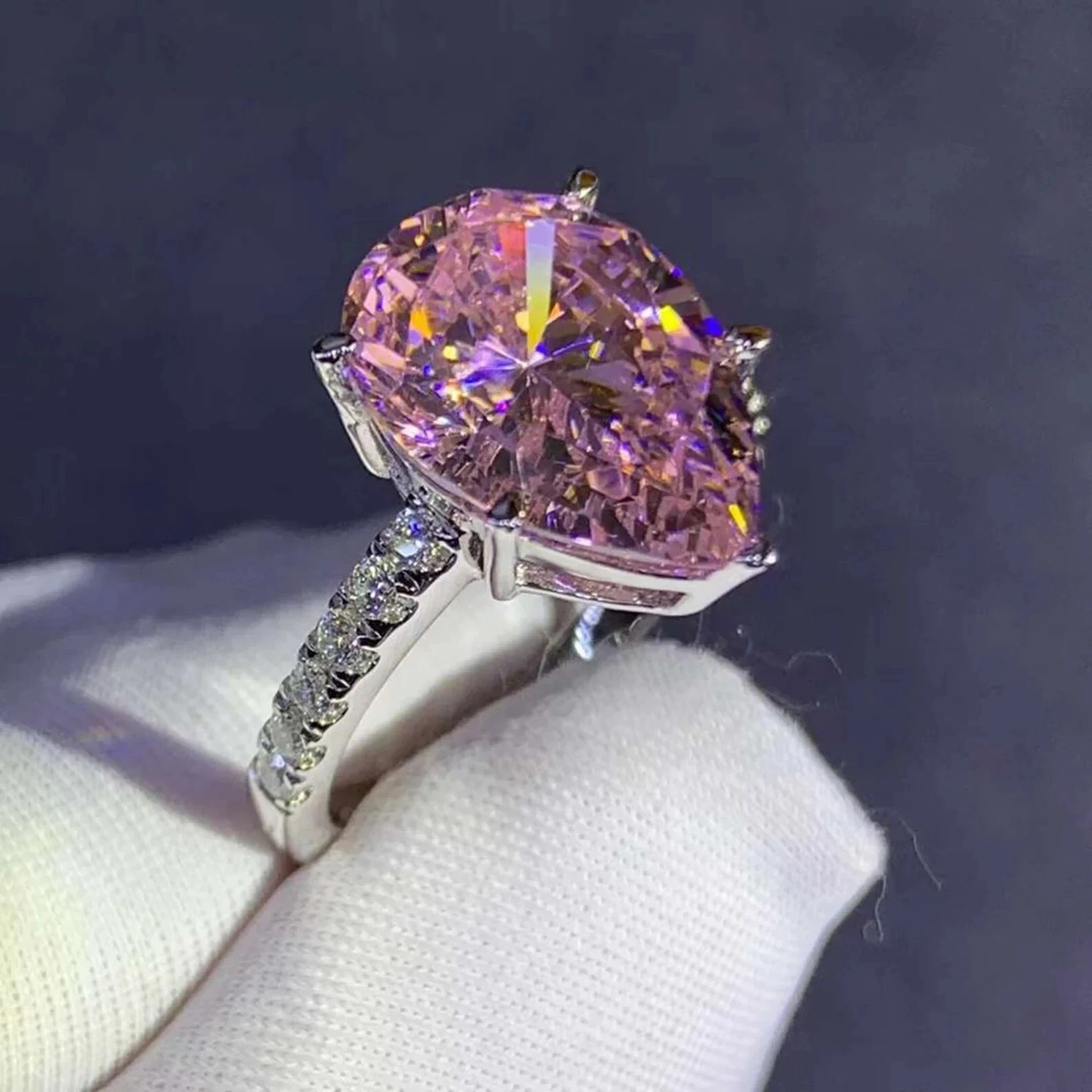 6.50 Ct Pear Cut Natural Pink Sapphire Diamond Ring 14K Solid White Gold Size 7