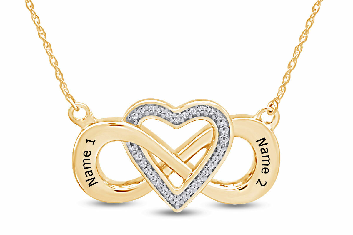 Natural Diamond Infinity & Heart Engravable Necklace in 14k Yellow Gold Plated