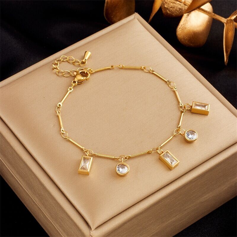 Fashion Woman 18k Gold Plated Stainless Steel CZ Bracelet Bangle 7.9”