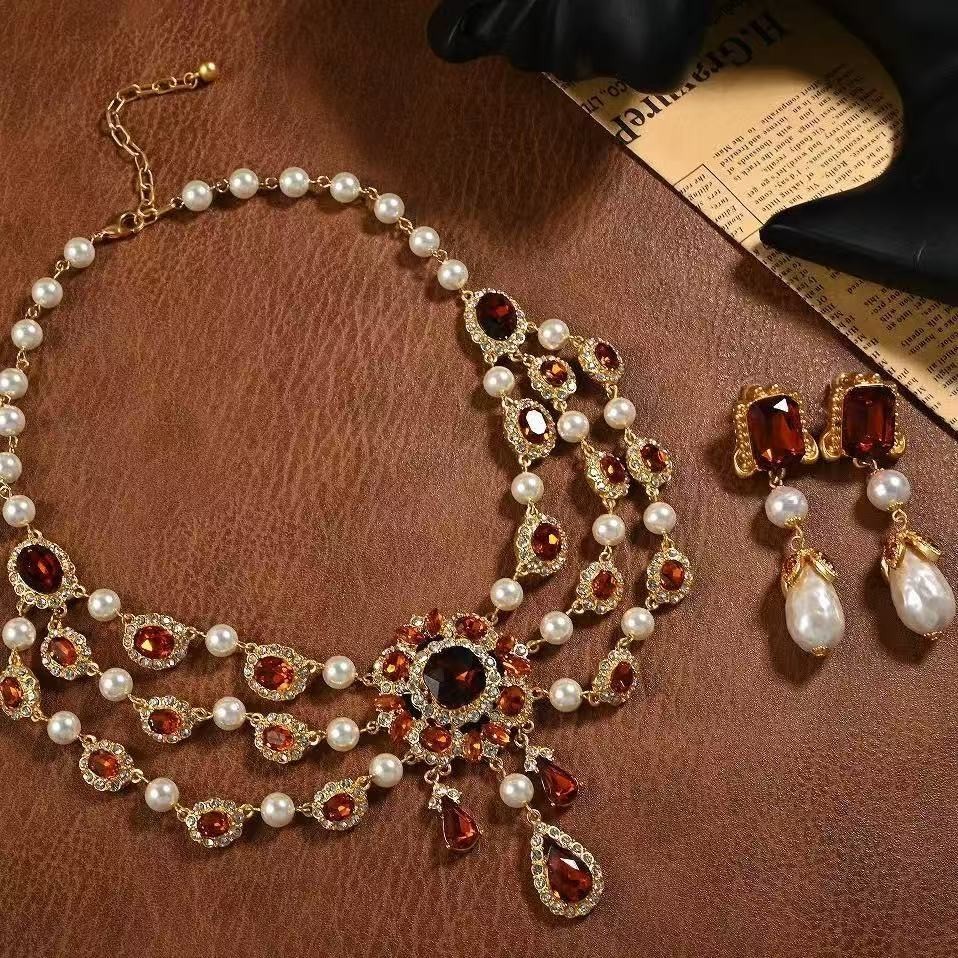 Vintage Baroque Pearl Garnet Necklace Set Gold Statement Jewelry Bridal Earrings
