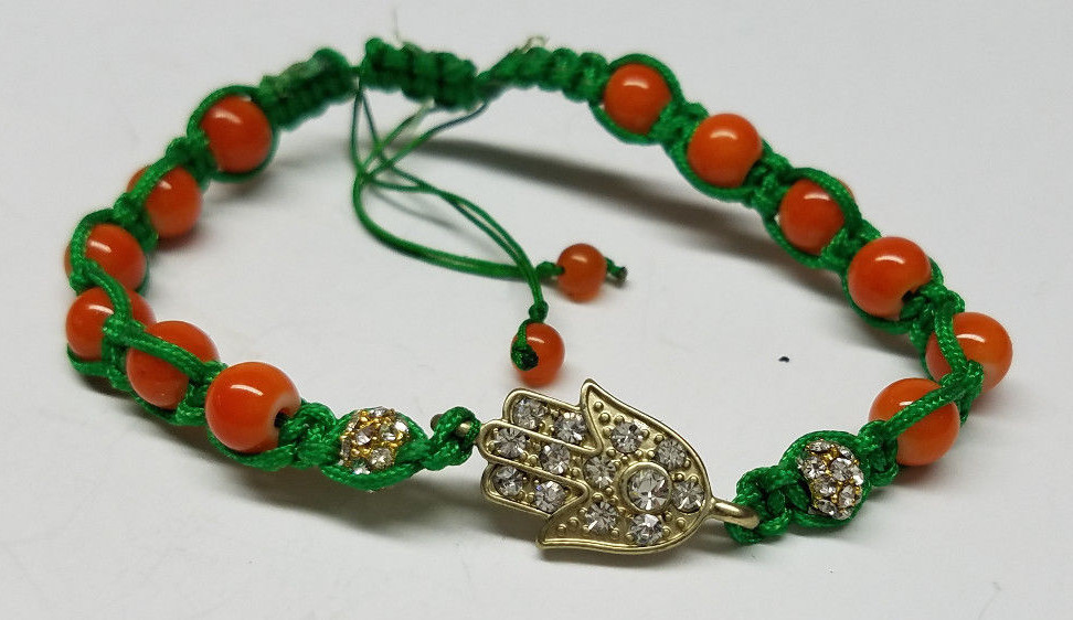 HAMSA HAND GOOD LUCK PROTECTION BRAIDED BEADED ROPE BRACELET RHINESTONE – ORANGE