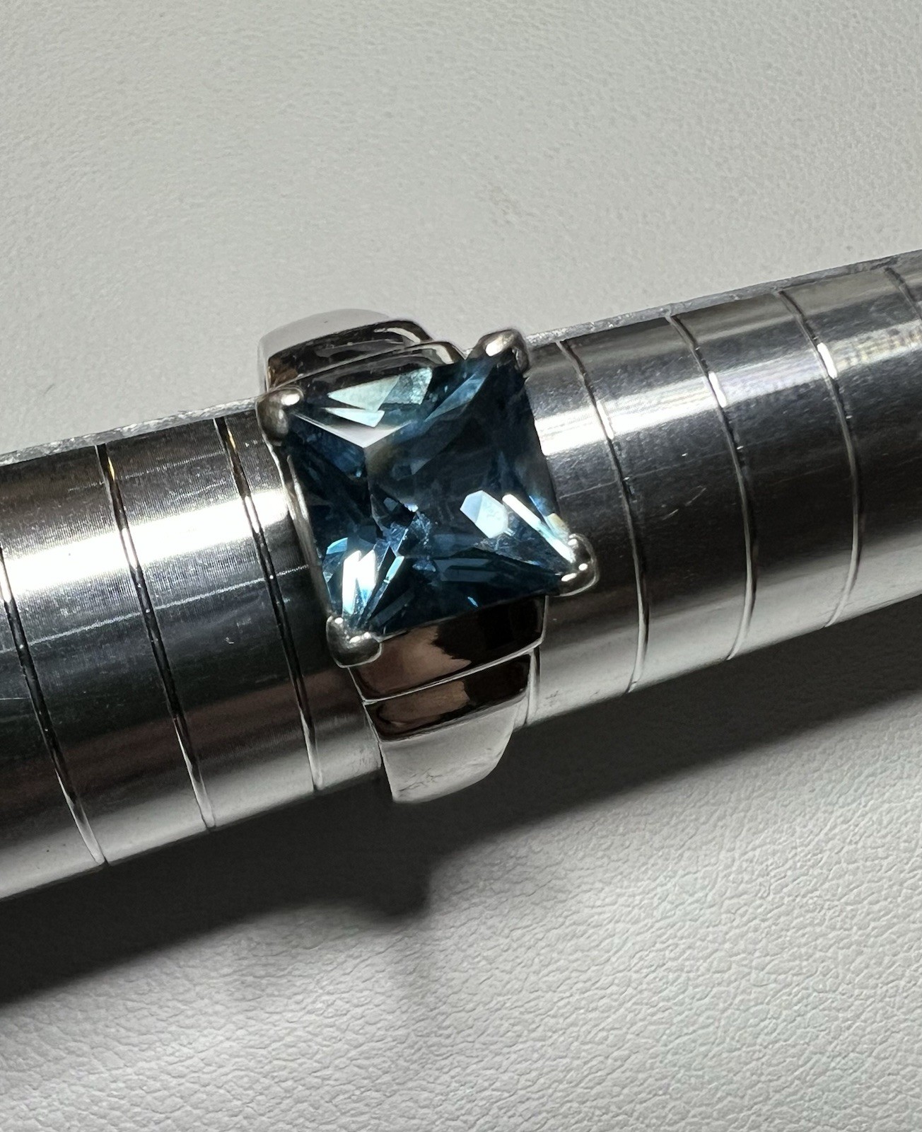 Vintage Sterling Silver 925 Signed Square Blue Topaz Prong Set Ring, Size 7.5