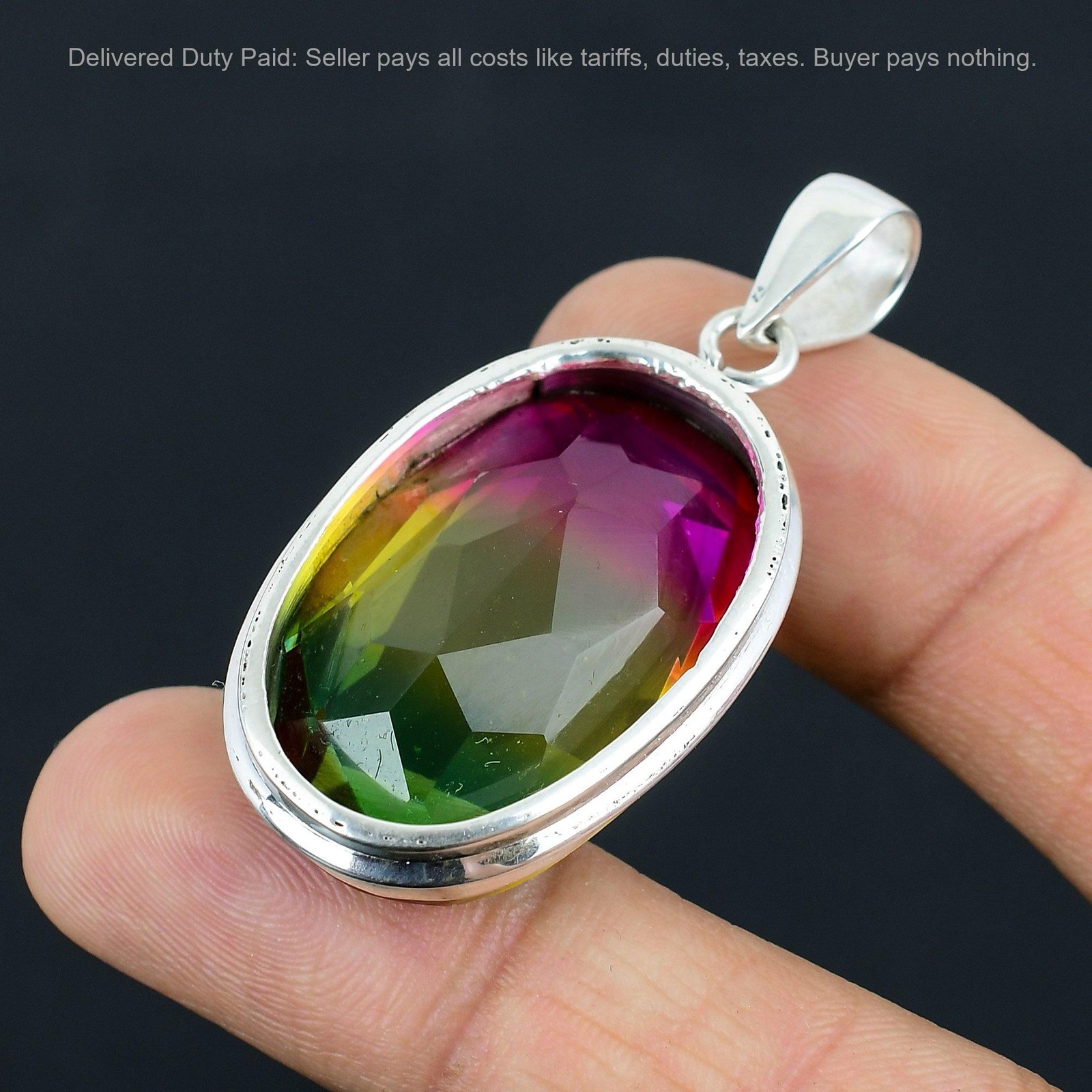 925 Silver Oval Multi Tourmaline Gemstone Elegant Mother Engagement Boho Pendant