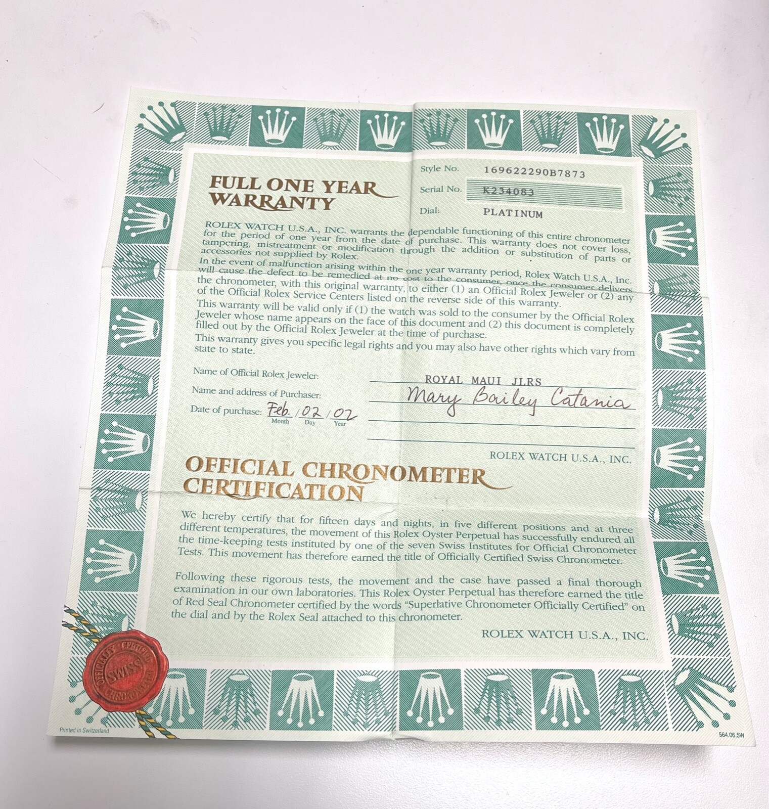 Rolex full one year warranty certificate For Ref 16962