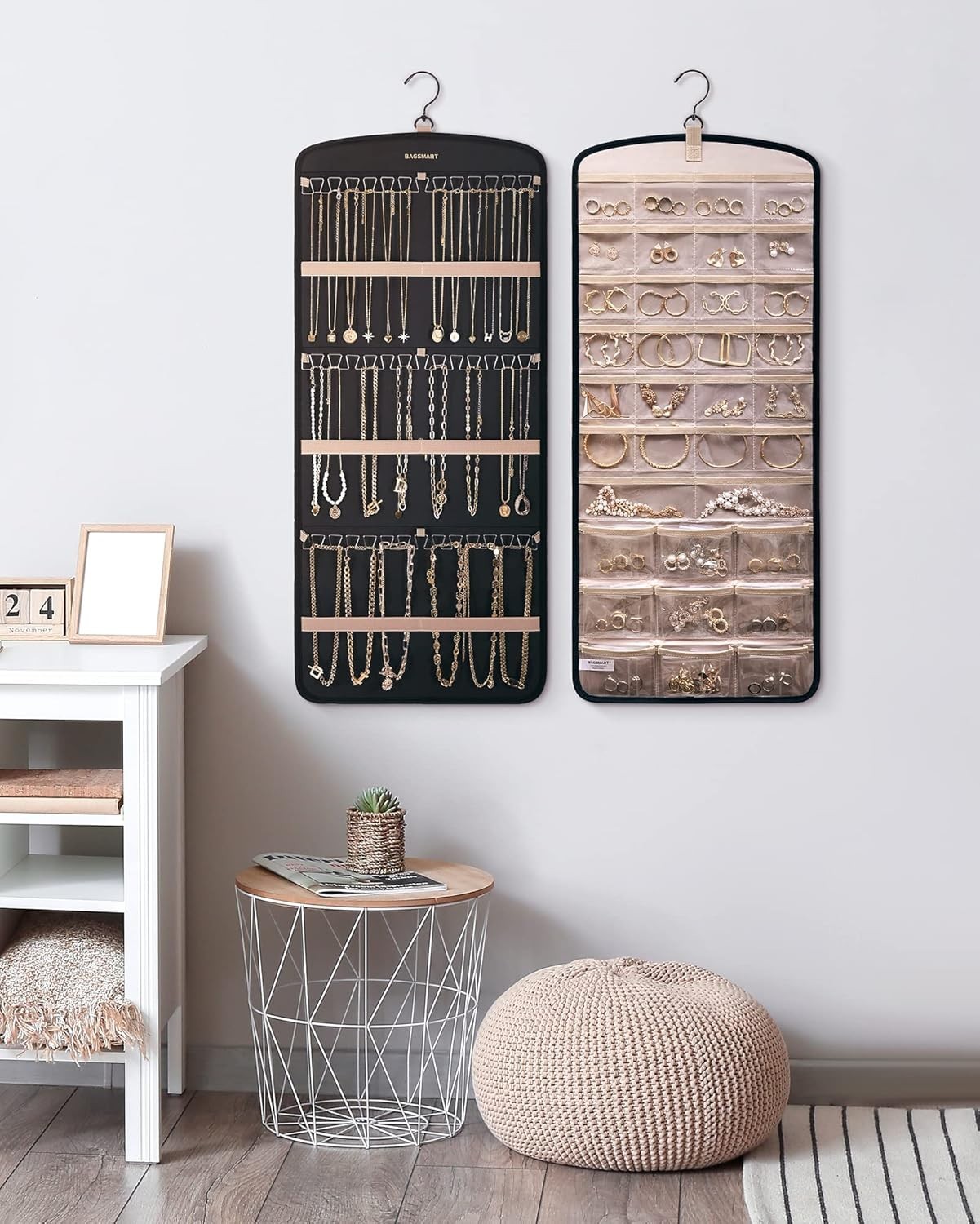 Hanging Jewelry Organizer with 32 Transparent Pockets and 20 Anti-tarnish Bags