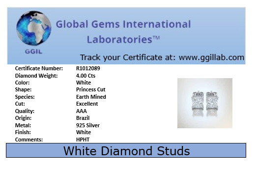 4Ct Princess Cut White Diamond Solitaire Studs-Great Shine! Ideal Gift