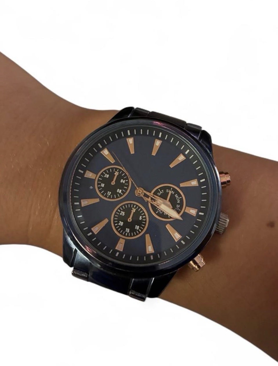 Analog Multi-Dial Day/Date Watch Black Metal Bracelet Round Case Stick Index