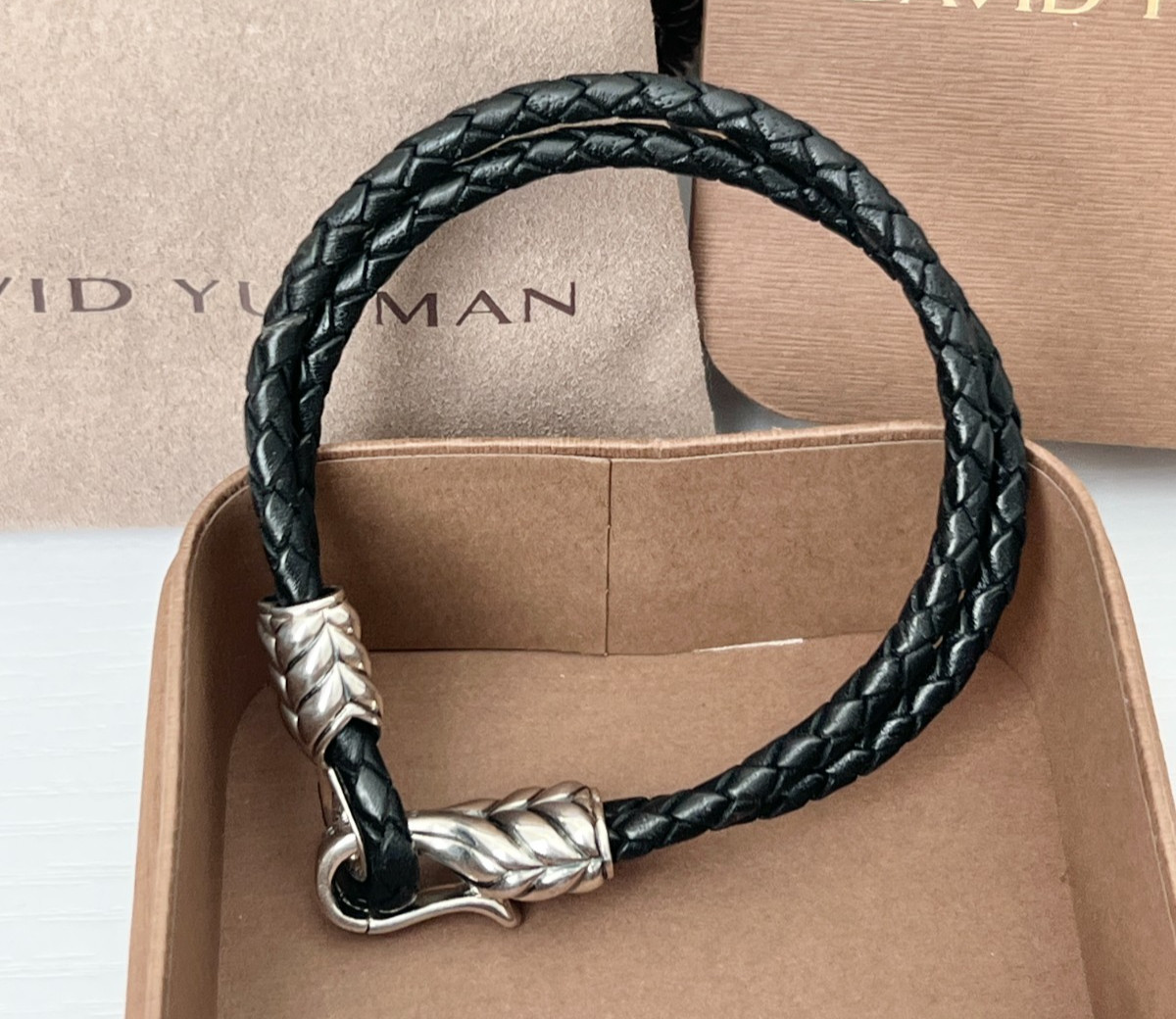 David Yurman Sterling Silver Black Leather Men’s Two Row Chevron Bracelet