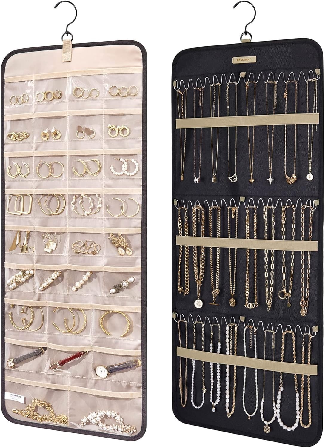 BAGSMART Hanging Jewelry Organizer Storage Roll Double-Sided Necklace Ring Black