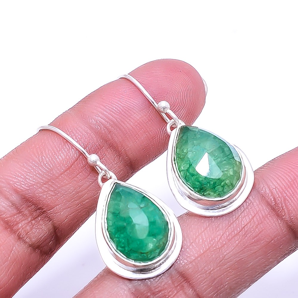 Natural Emerlad -Dyed Quartz 925 Sterling Silver Earring 1.33″, Christmas Gift