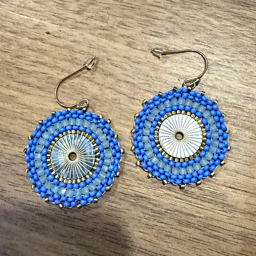 Blue Beaded Round Dangle/Drop Earrings, Metal Beads Hook Closure