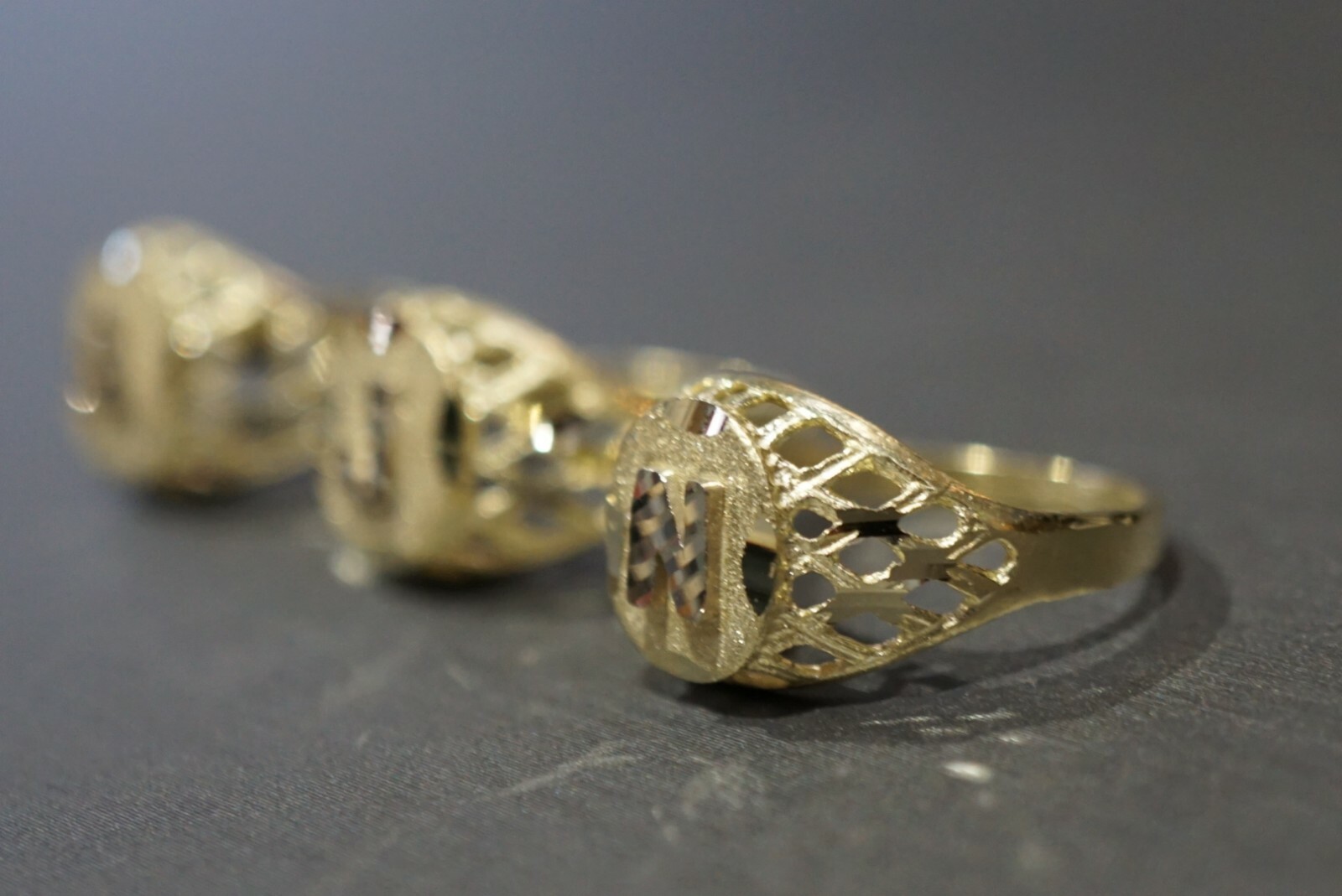 10K Solid Yellow Gold Diamond Cut Oval Initial Women Men Children Letter Ring.