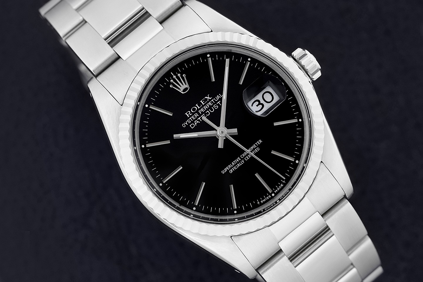 ROLEX MENS DATEJUST 16014 BLACK DIAL 18K WHITE GOLD STEEL OYSTER WATCH