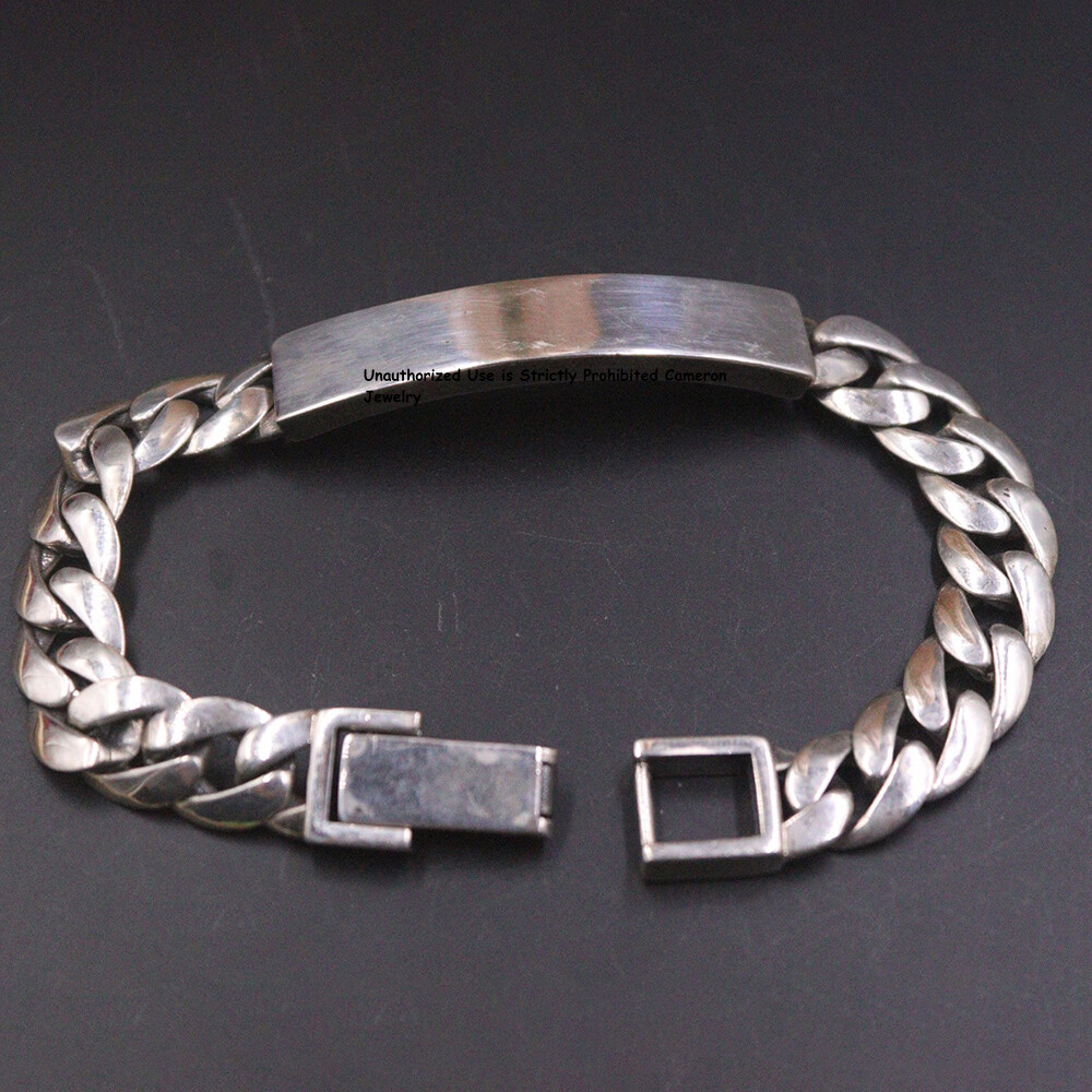 Pure S925 Sterling Silver Chain 9mm Cuban Curb ID Link Bracelet 30-32g 7.48inch