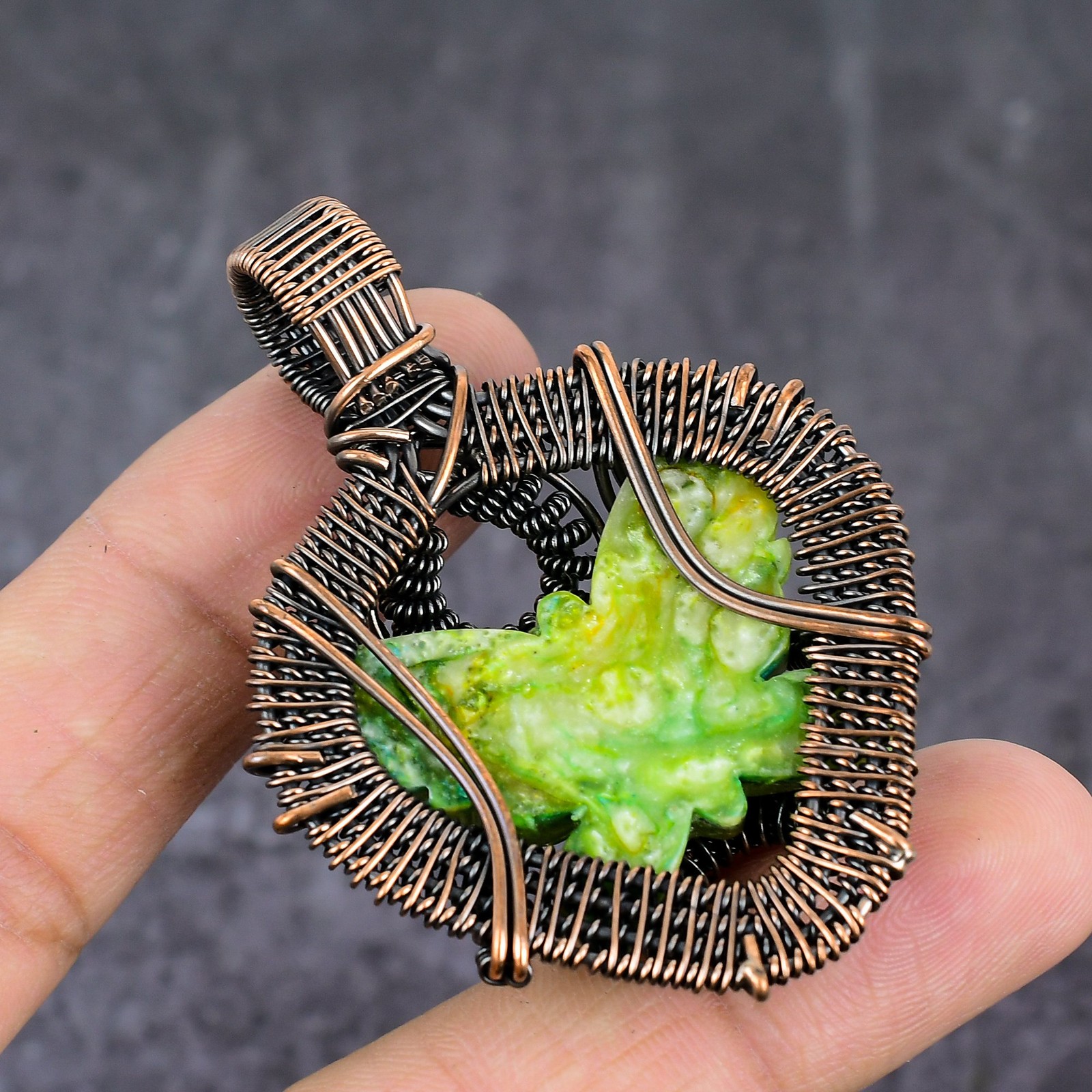 Swiss Green Opal Gemstone Copper Wire Wrap Jewelry Pendant 2.48″ Gift for Her B5