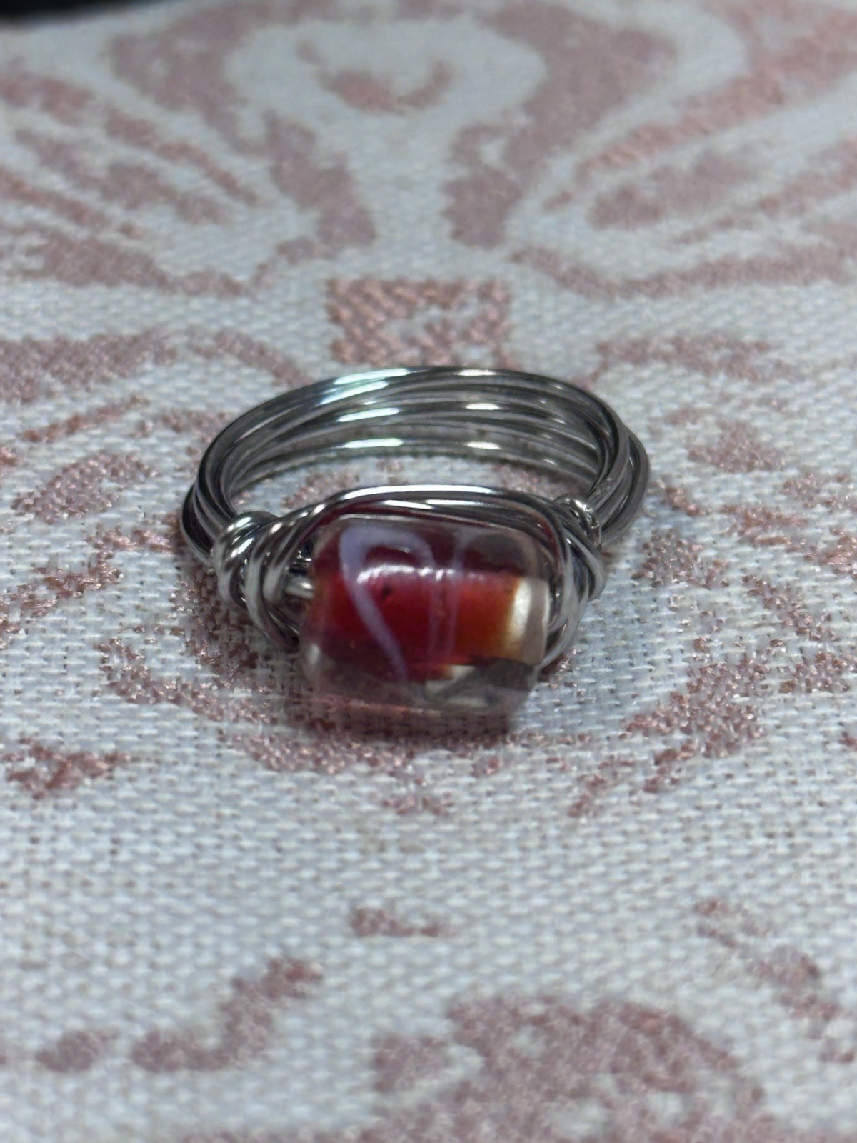 Silver Tone Wire Wrapped Ring w/ Oval Red Orange White Bezel Stone Band Size 7