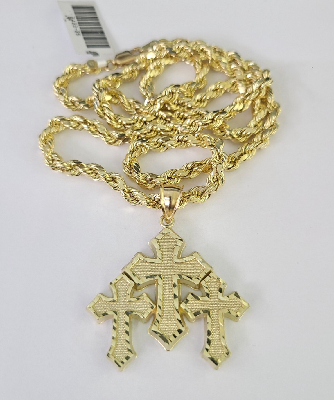 REAL 10k Jesus Triple Cross Charm Rope Chain Pendant 4mm Necklace Set 18″-28″