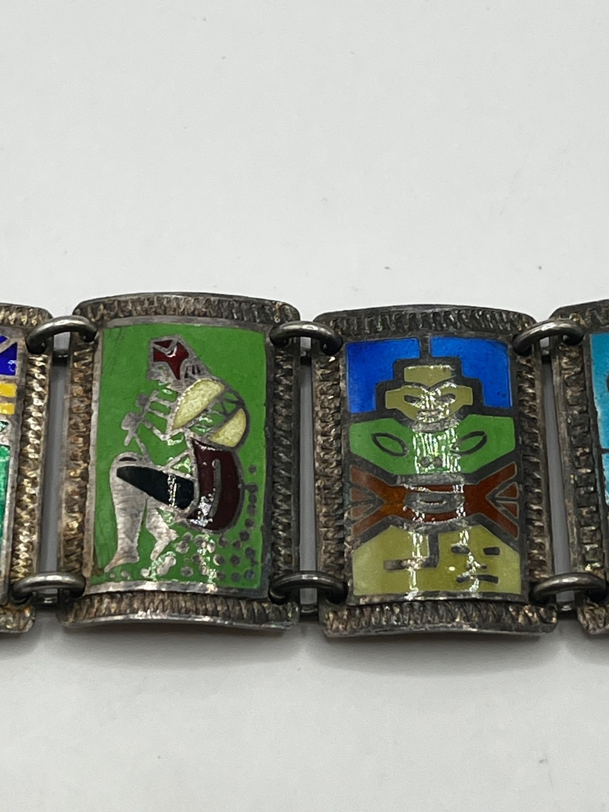 Vintage Mid-Century Peruvian 925 Sterling Silver Enamel Link Panel Bracelet 44g