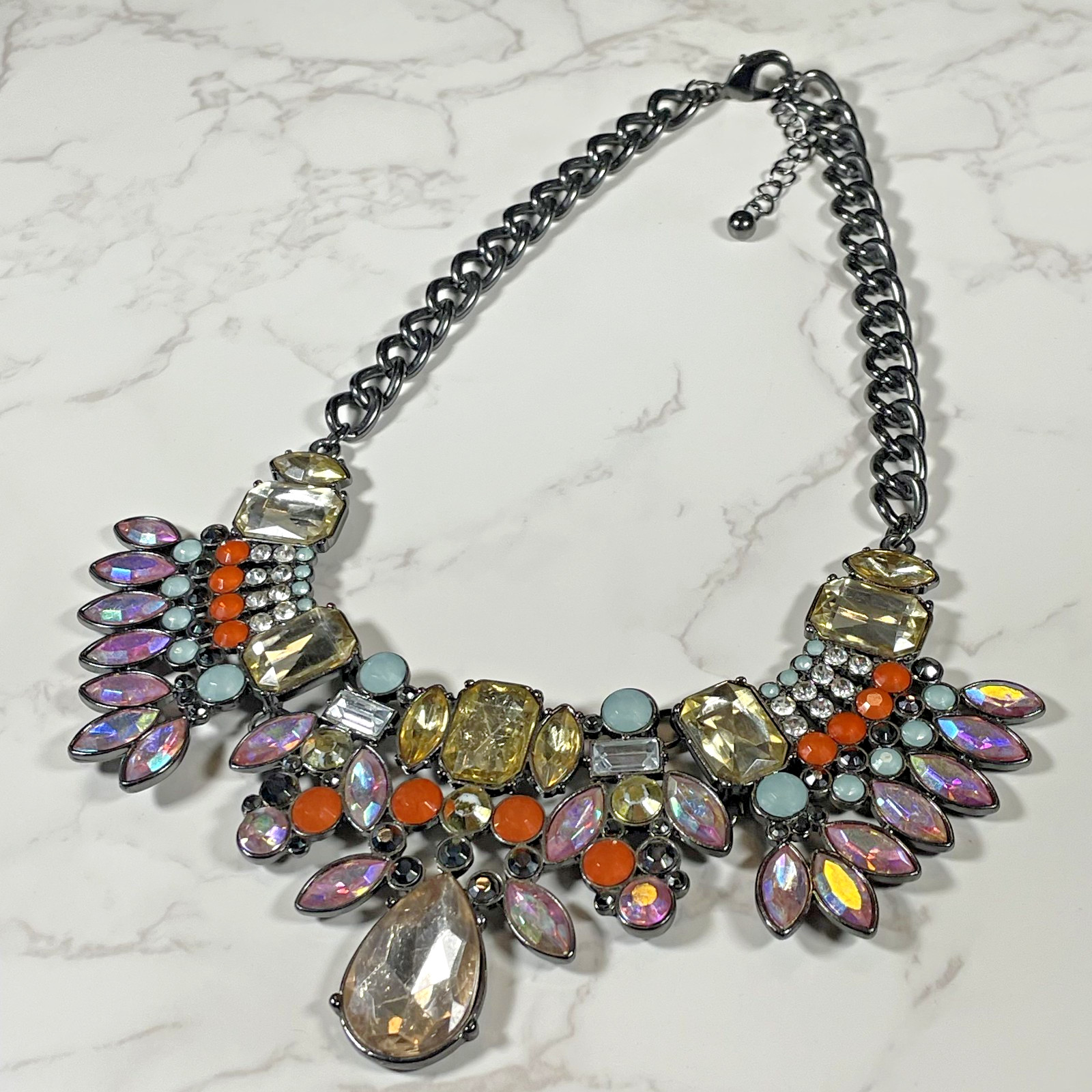 Multicolor Rhinestone Statement Bib Necklace Gunmetal Chain Iridescent Crystal