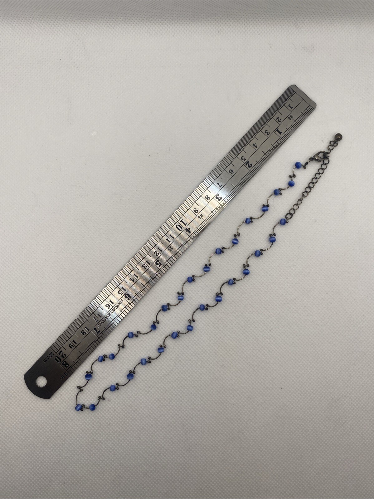 Silver Tone Vine Link Bar And Ball Necklace With Blue Beads