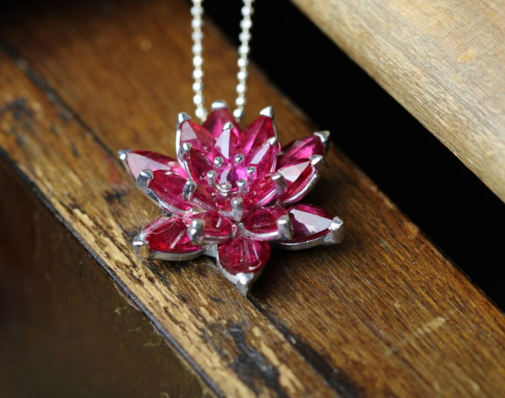Minimalist Ruby Lotus Necklace 925 Silver Ruby Pendant July Birthstone Gift