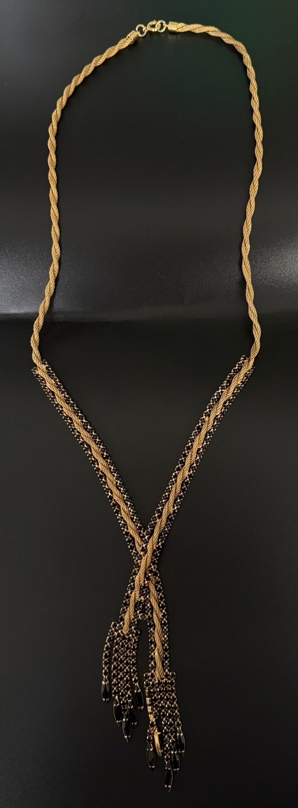 Vtg 50’s 60’s Fixed Lariat Waterfall Necklace Gold Mesh Black Rhinestone Tassel!