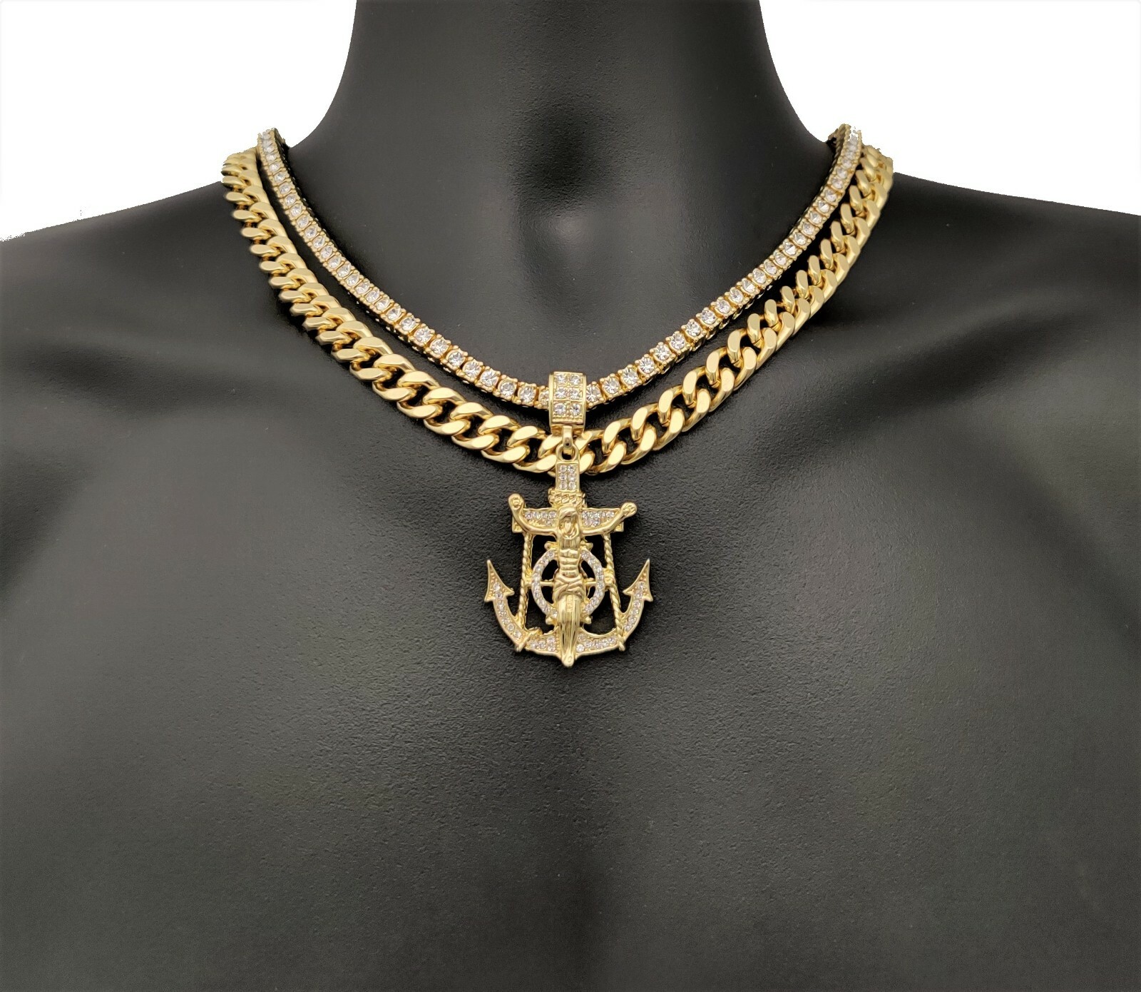 Jesus Anchor Pendant w 18″ Tennis & Cuban Link Chain Necklace Plated CZ Jewelry