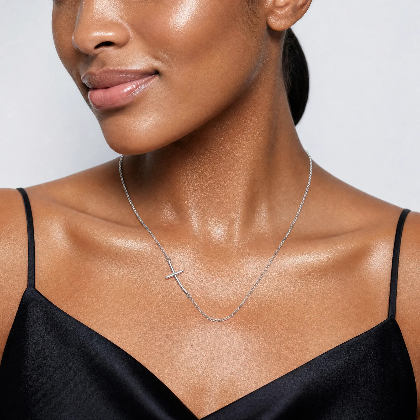 Sterling Silver Rh-Plated Small Off-Set Sideways Curved Cross Necklace