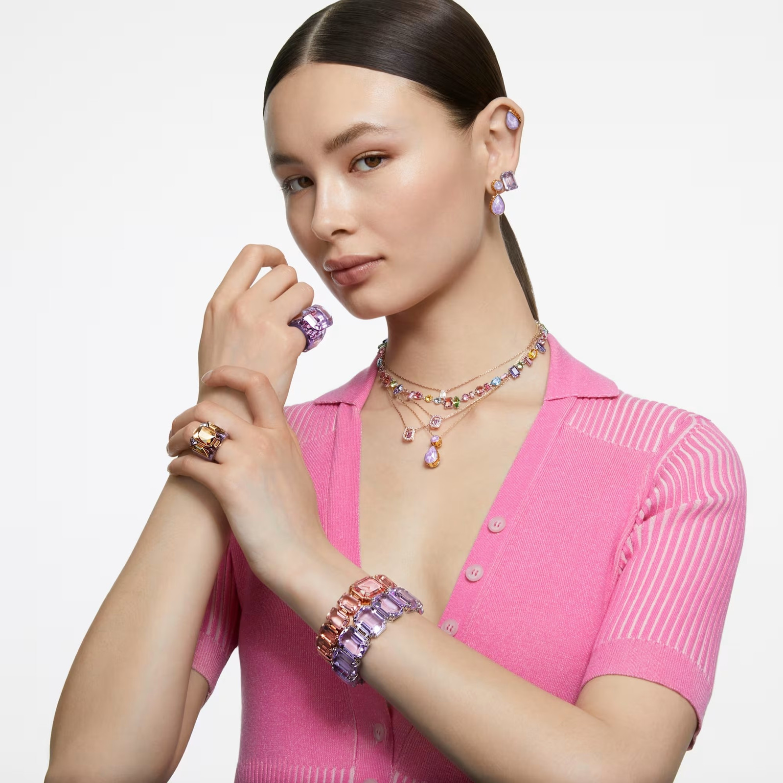 Gema Multicolored Rhodium Plated Necklace Mixed Cuts New
