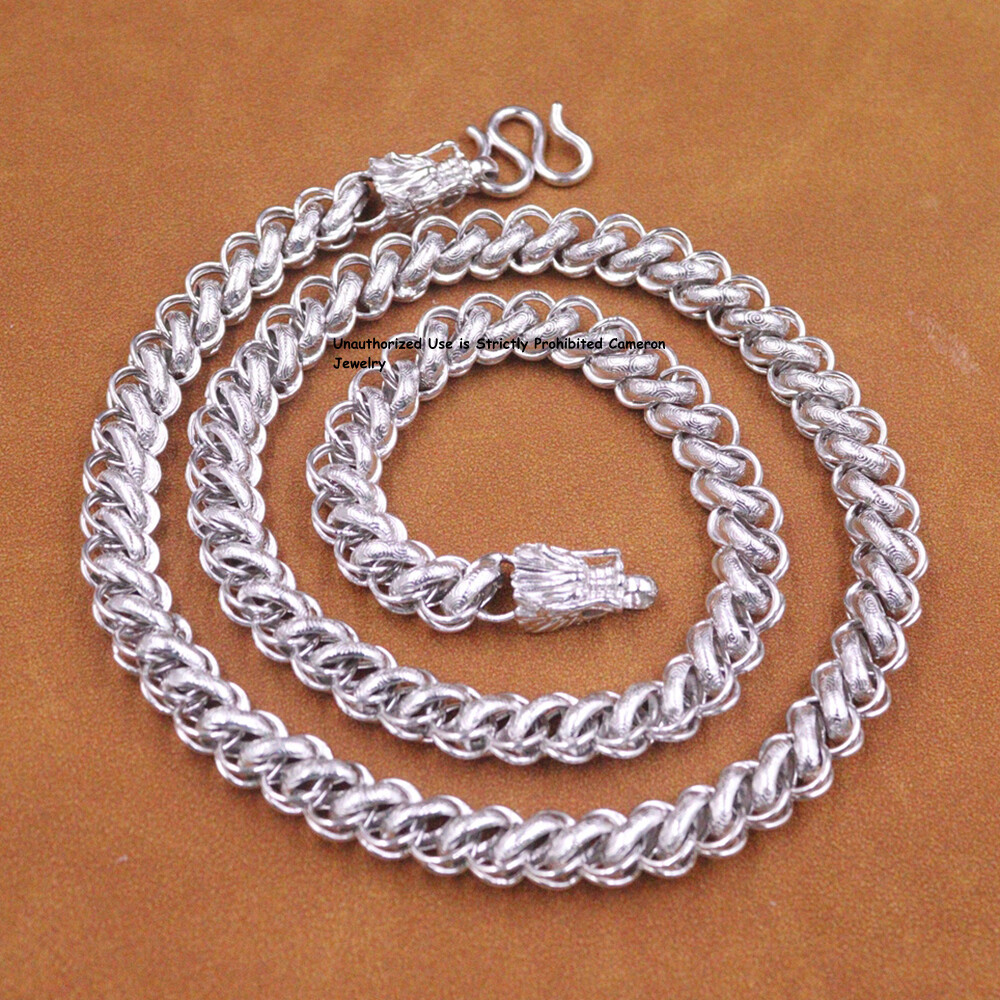 Pure S999 Fine Silver Chain Men 10.5mm Dragon Thailand Link Necklace 103g 25inch