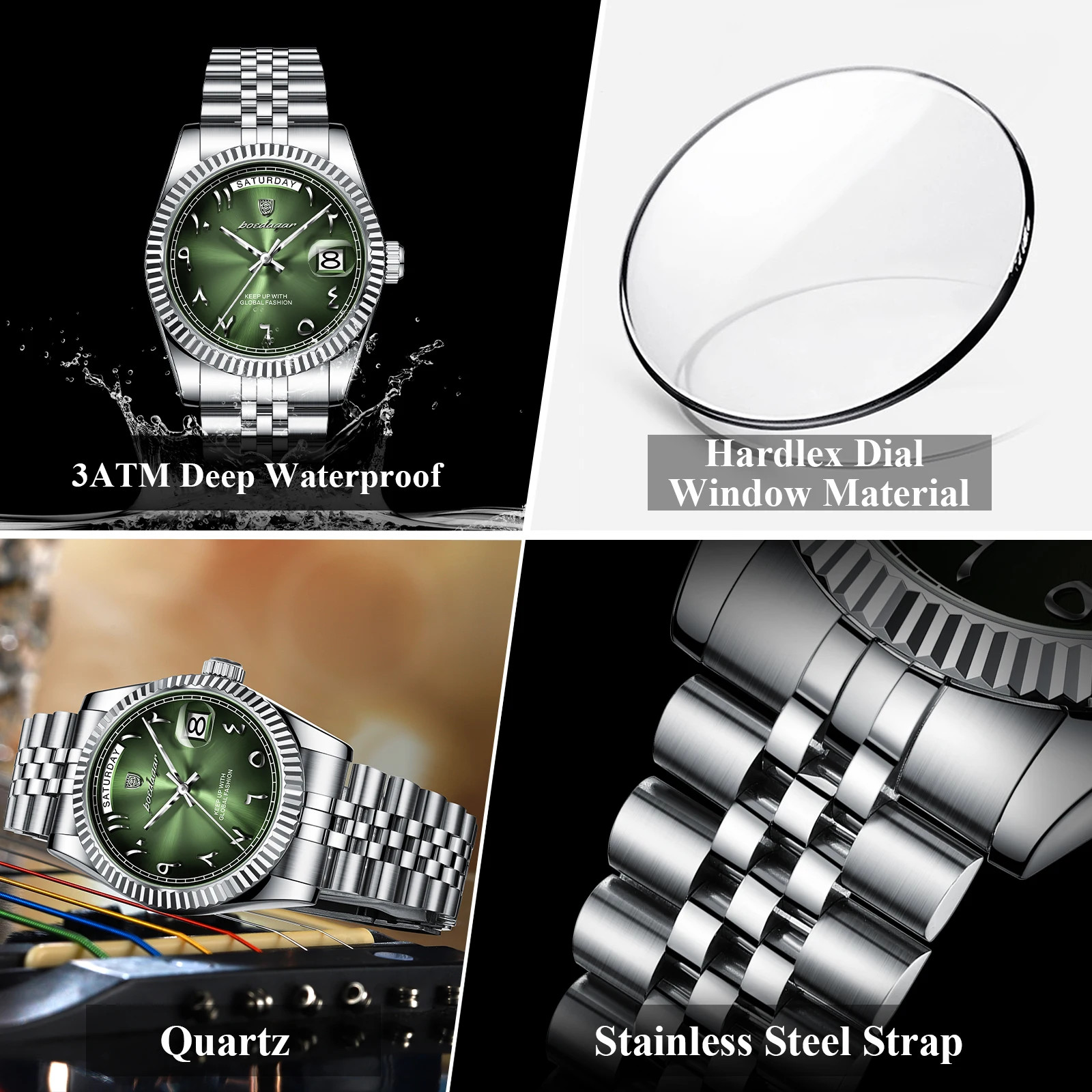 Stainless Steel Waterproof Quartz Watches For Mens Arabic Numerals POEDAGAR