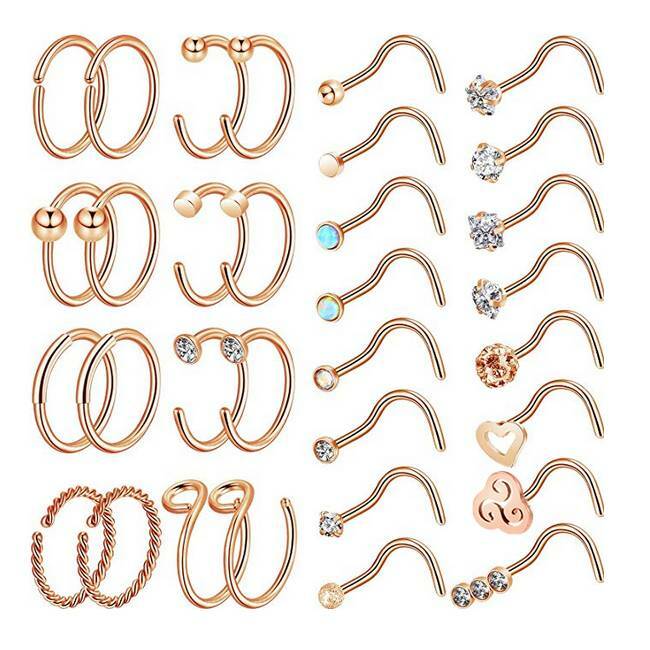 32PCS/LOT Nose Hoop & L/Bone/Screw Shaped Nose Studs Ear Lip Ring Piercing 20G