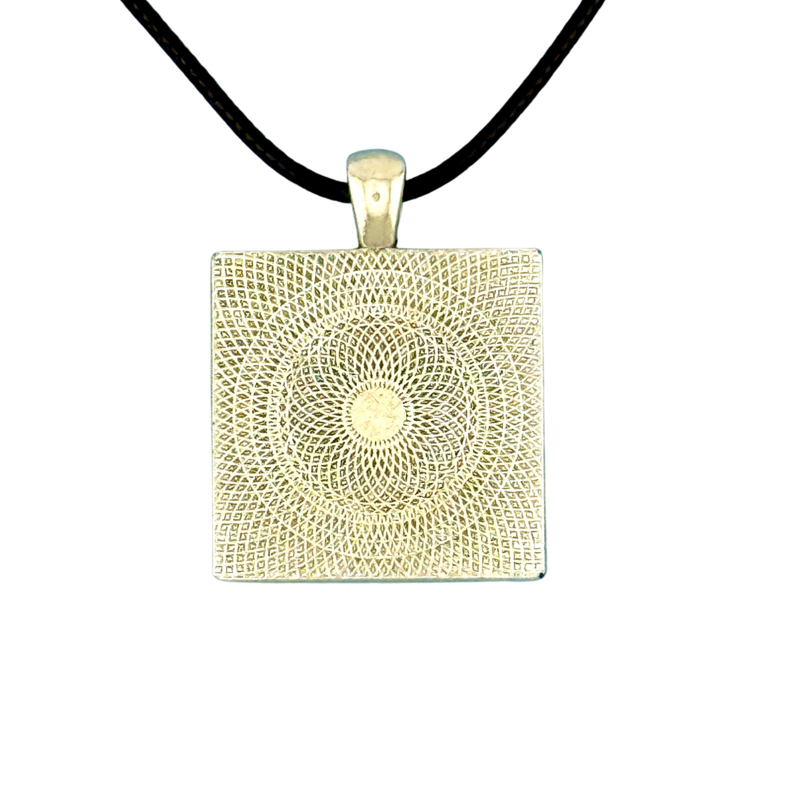 Pendant Square Necklace Handcrafted “Abstract Art” Silver Bezel Black Cord