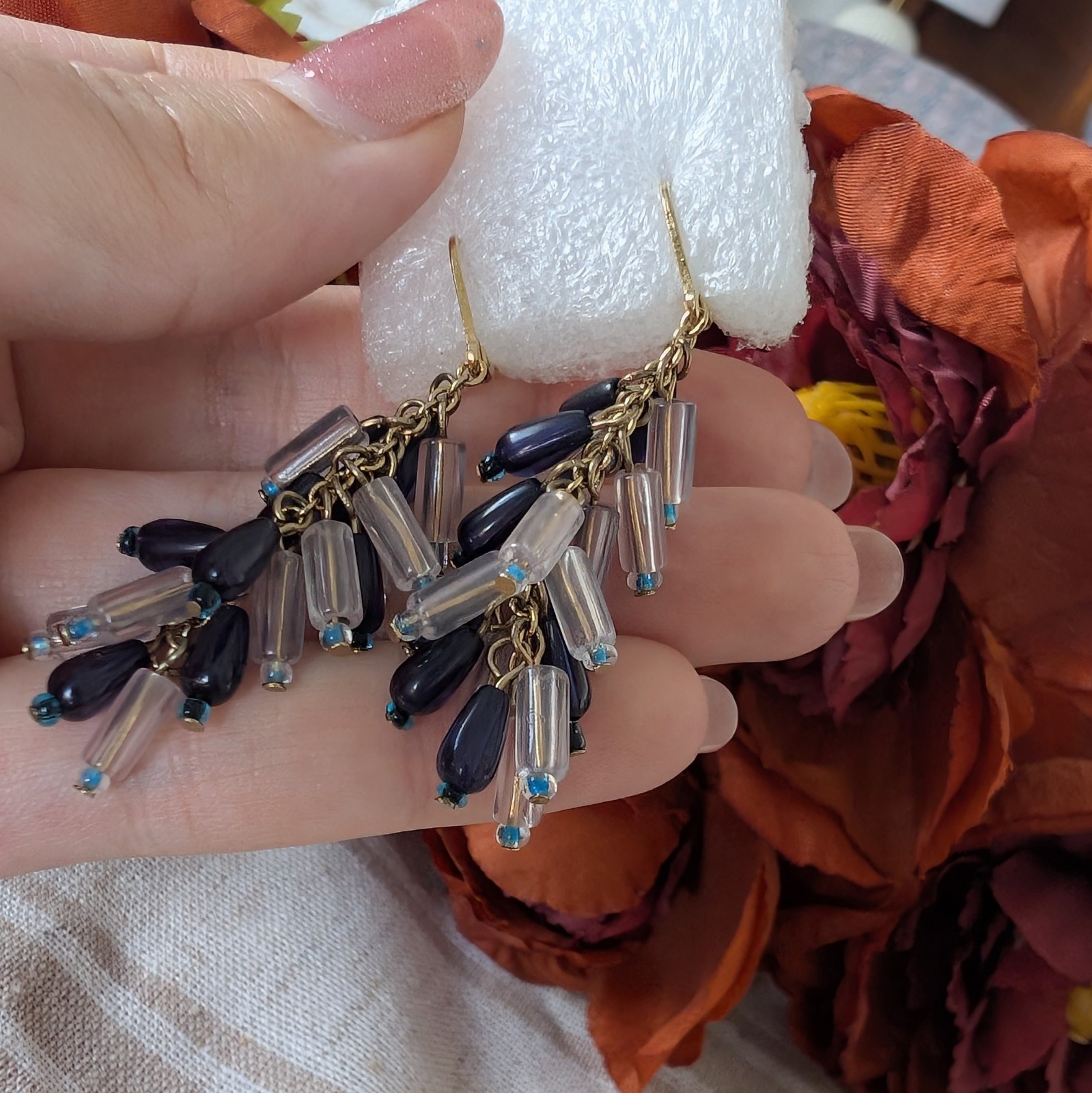 Blue Beaded Dangle Earrings Euro Vintage Golden Metal