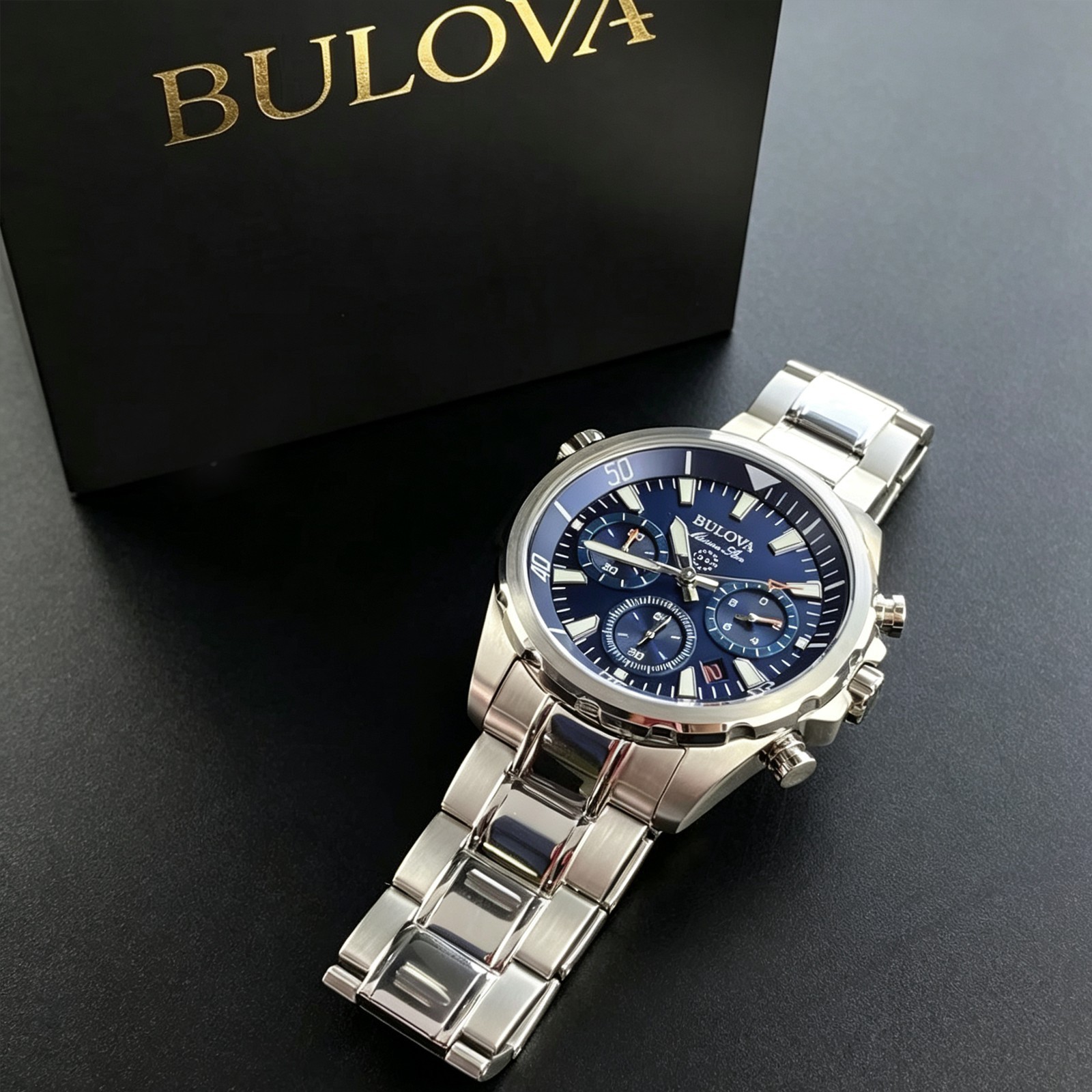 Bulova Men’s Marine Star 96B256 Blue Dial Quartz Chronograph Watch 43MM