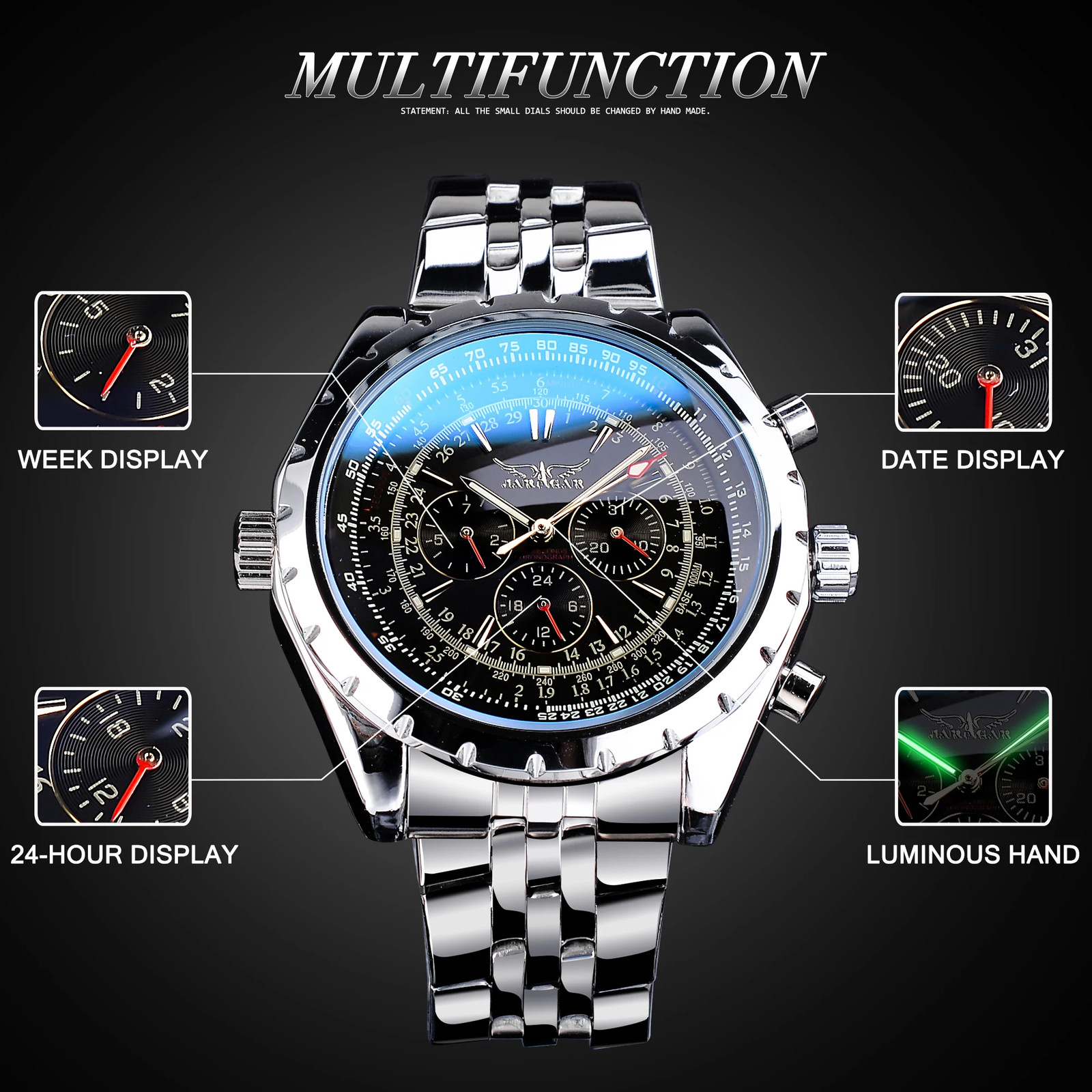 Jaragar Blue Glass Design Black Silver Automatic Watch Stainless Steel Date…