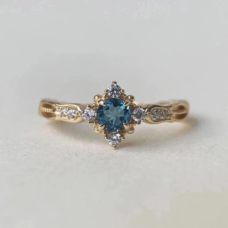 Art Deco Style Aquamarine Lab Created Diamond Engagement 14K Yellow Gold FN Ring