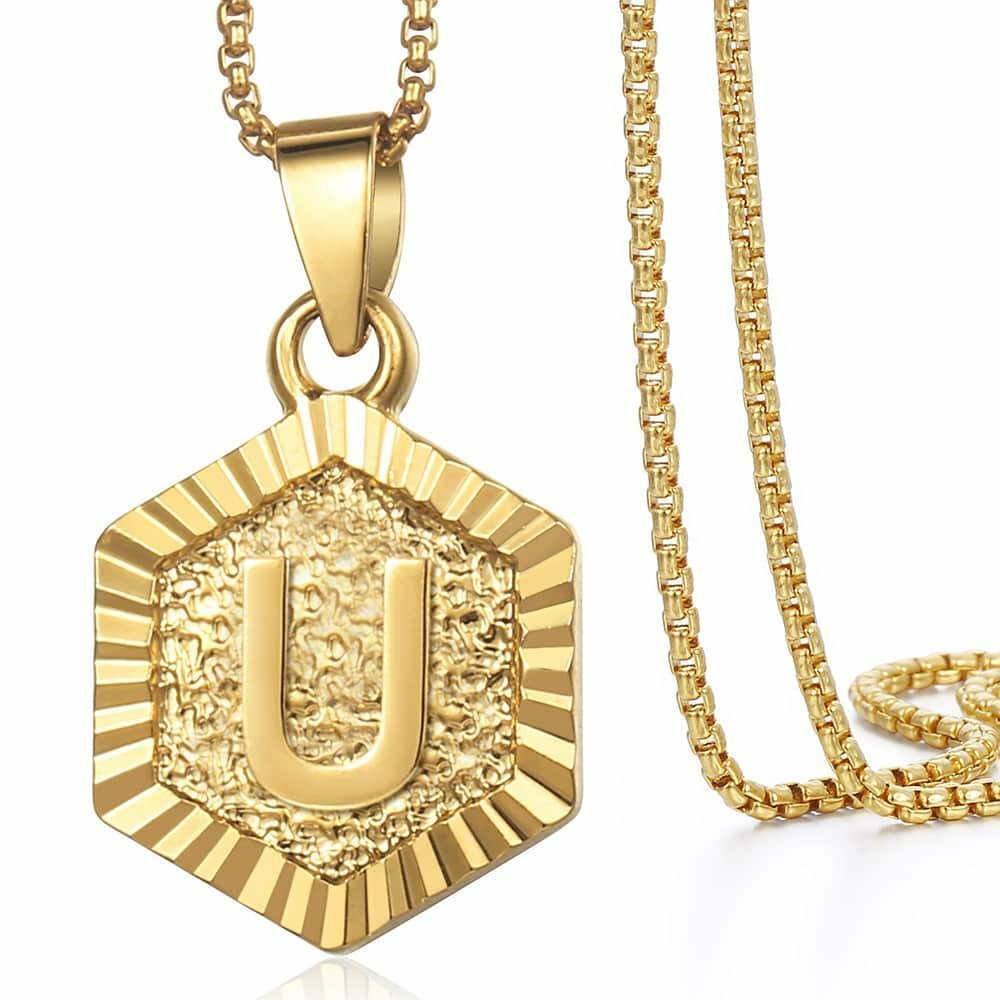 Hexagon A-Z Gold Plated 14k Initial Letter Pendant Necklace Unisex Mens Womens