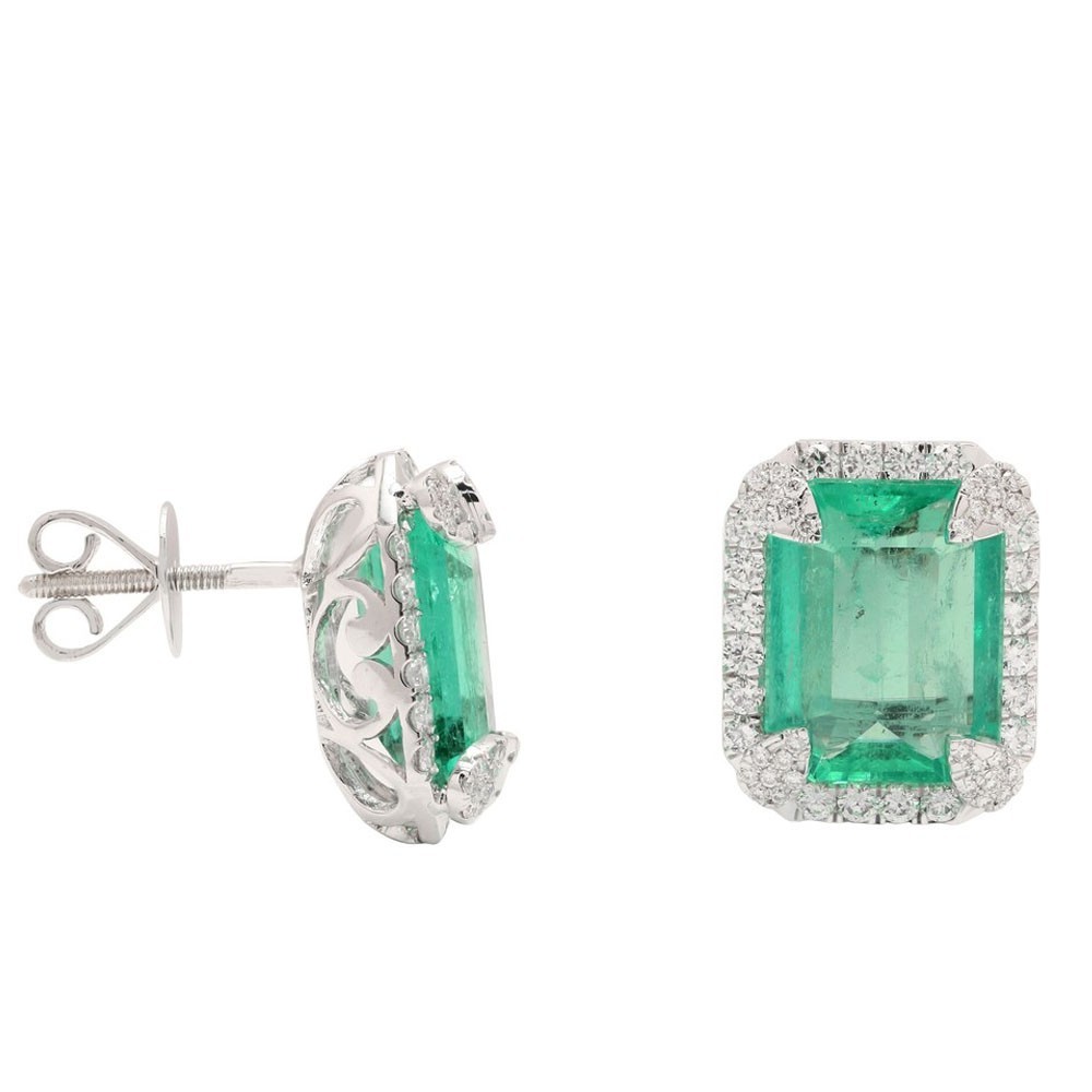 6.80carat Emerald Cut Natural Emerald Diamond Stud Earring 18K White Gold Plated